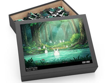 Zauberwald-Puzzle (120, 252, 500 Teile) – Fantasievolle See-Kunst – Von Ghibli inspirierte Naturszene – Mystische Wanddekoration