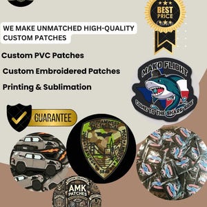 May include: Promotional image for AMK Tactical Store, showcasing custom patches. The image features various patch designs, including a shark with a hat, military-themed patches, and patches with vehicles. Text includes "Custom PVC Patches" and "Custom Embroidered Patches."