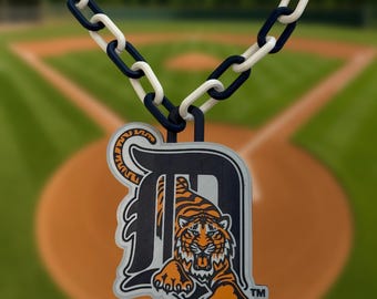 Detroit Tigers Inspired “English D” Tiger Medallion Necklace | 3D Printed Sports Fan Chain | Navy, White & Orange