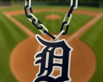 Detroit Tigers Old English D Necklace – 3D Printed Blue & White Medallion Chain – Baseball Fan Gift – Detroit Jewelry – Bold Tigers Pendant