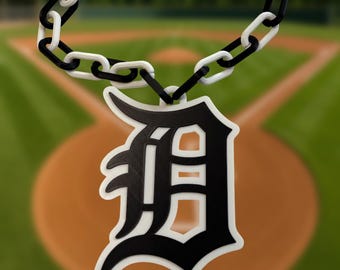 Detroit Tigers Old English D Necklace – 3D Printed Black & White Medallion Chain – Baseball Fan Gift – Detroit Jewelry – Bold Tigers Pendant