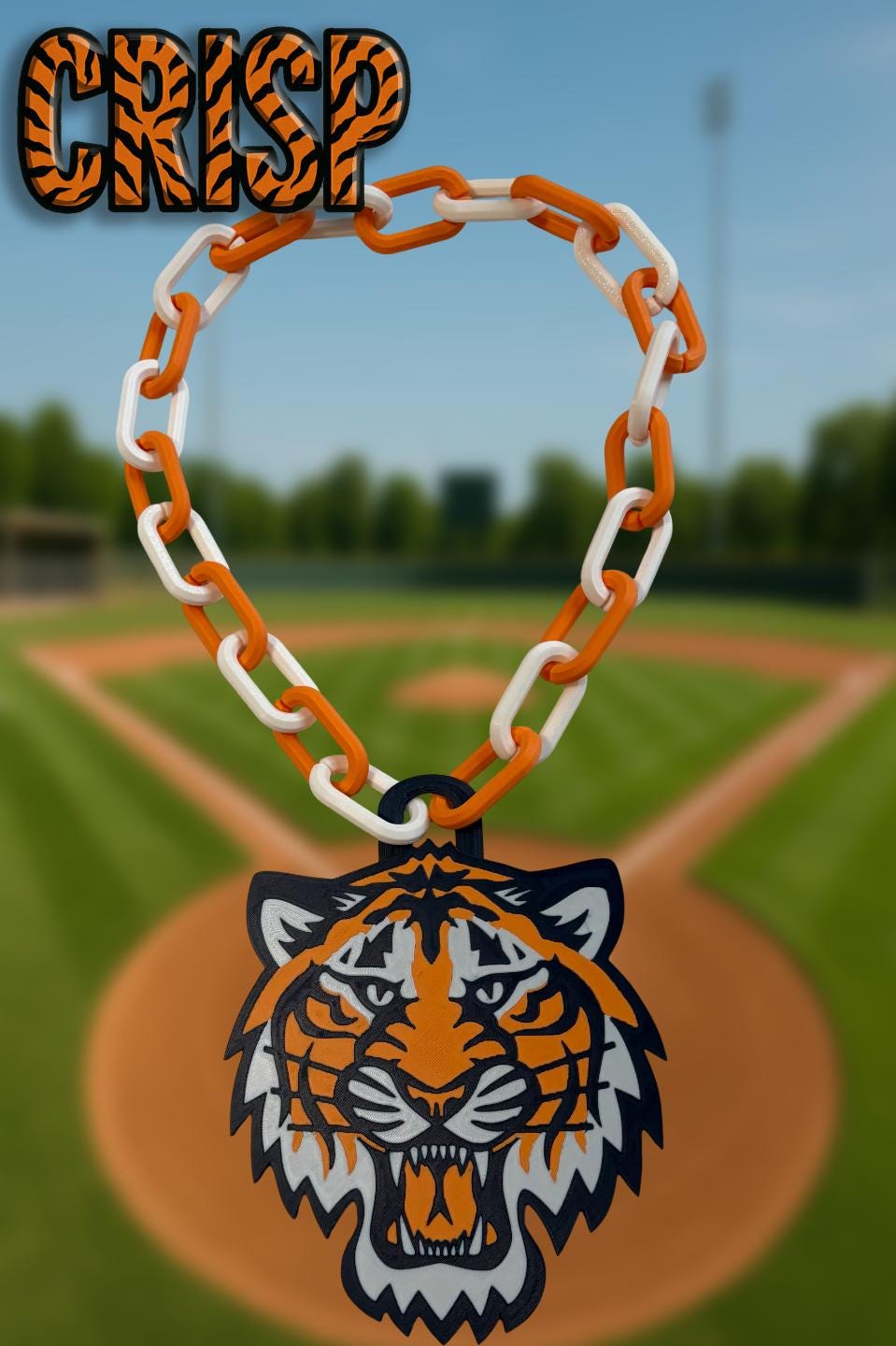 Detroit Tigers Inspired 3D Printed Tiger Face Medallion Necklace | Bold Baseball Statement Chain | Orange, White & Blue Sports Fan Jewelry