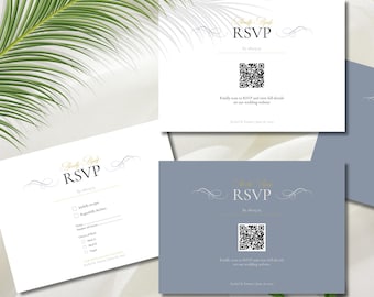 Dusty Blue Wedding RSVP Card Template: Editable QR Code (Instant Download)