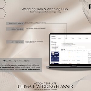 May include: A laptop displaying a wedding planning template. The screen shows a Notion interface with task lists and music inspiration options. Text on the screen reads "Wedding Task & Planning Hub" and "Ultimate Wedding Planner."