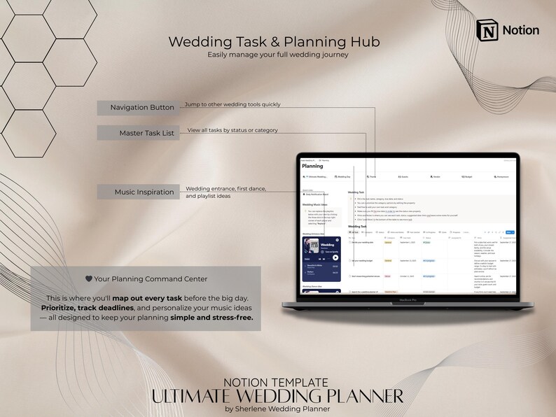 May include: A laptop displaying a wedding planning template. The screen shows a Notion interface with task lists and music inspiration options. Text on the screen reads "Wedding Task & Planning Hub" and "Ultimate Wedding Planner."