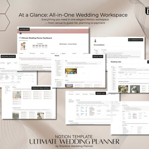 May include: A digital wedding planner template displayed on a screen, showcasing various planning sections like budget, venue, and guest list. The template includes the text "At a Glance: All-in-One Wedding Workspace" and "Ultimate Wedding Planner Dashboard."