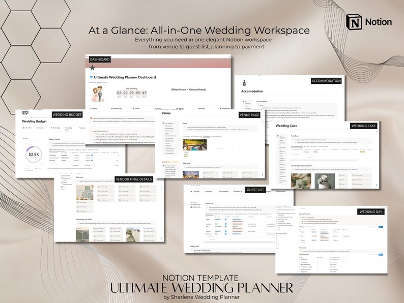 May include: A digital wedding planner template displayed on a screen, showcasing various planning sections like budget, venue, and guest list. The template includes the text "At a Glance: All-in-One Wedding Workspace" and "Ultimate Wedding Planner Dashboard."