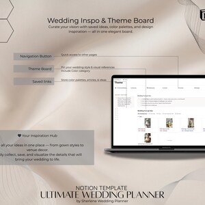 May include: A laptop displays a wedding planning template with the text "Wedding Inspo & Theme Board." The screen shows a theme board with saved ideas and color palettes. The template is designed to help users curate their wedding vision.