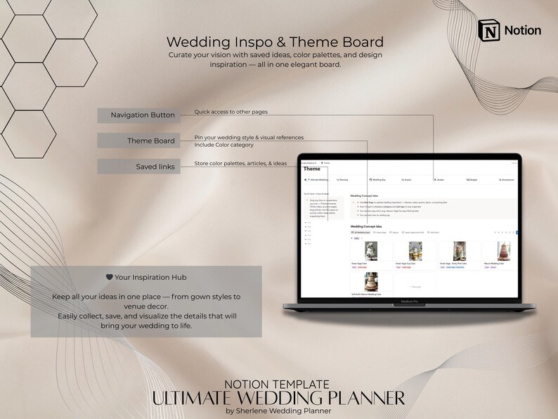 May include: A laptop displays a wedding planning template with the text "Wedding Inspo & Theme Board." The screen shows a theme board with saved ideas and color palettes. The template is designed to help users curate their wedding vision.