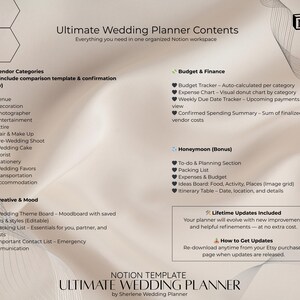 May include: A digital wedding planner template with a neutral color scheme. The planner includes sections for vendor categories, budget and finance, honeymoon planning, and creative mood boards. The text reads "Ultimate Wedding Planner Contents" and "Notion Template".