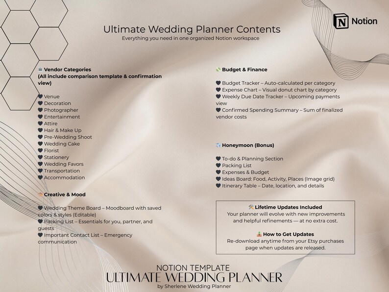 May include: A digital wedding planner template with a neutral color scheme. The planner includes sections for vendor categories, budget and finance, honeymoon planning, and creative mood boards. The text reads "Ultimate Wedding Planner Contents" and "Notion Template".