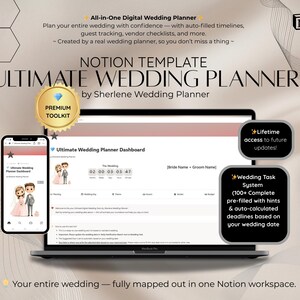 May include: A digital wedding planner displayed on a laptop and smartphone. The screen shows a wedding dashboard with a countdown timer. Text includes "Ultimate Wedding Planner" and "Premium Toolkit". The planner offers timelines, guest tracking, and vendor checklists.
