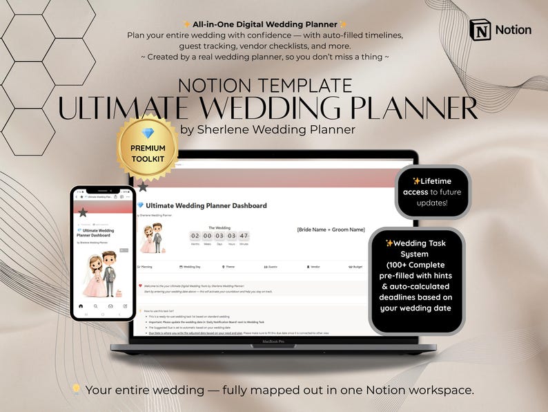 May include: A digital wedding planner displayed on a laptop and smartphone. The screen shows a wedding dashboard with a countdown timer. Text includes "Ultimate Wedding Planner" and "Premium Toolkit". The planner offers timelines, guest tracking, and vendor checklists.