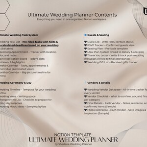 May include: A beige digital wedding planner template titled "Ultimate Wedding Planner Contents" with a Notion logo. The template includes sections for tasks, guests, seating, vendors, and details. The text is in a clean, easy-to-read font.