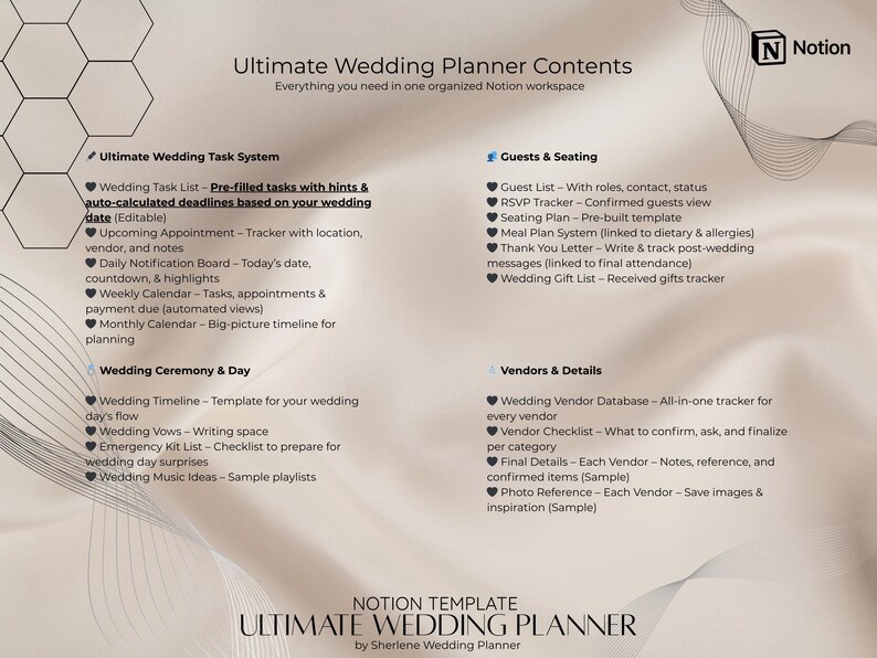 May include: A beige digital wedding planner template titled "Ultimate Wedding Planner Contents" with a Notion logo. The template includes sections for tasks, guests, seating, vendors, and details. The text is in a clean, easy-to-read font.