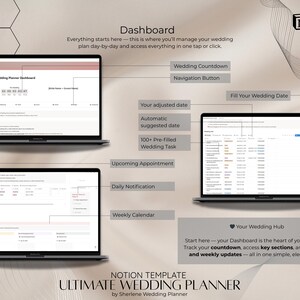 May include: A digital wedding planner template displayed on three laptops. The template includes features like a wedding countdown, task lists, and a weekly calendar. The design is clean and modern, with a neutral color scheme and the Notion logo.
