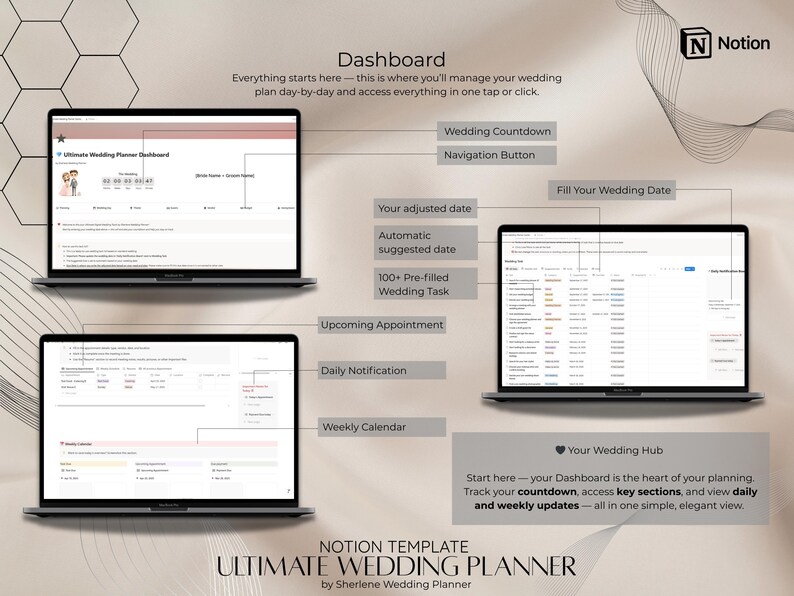 May include: A digital wedding planner template displayed on three laptops. The template includes features like a wedding countdown, task lists, and a weekly calendar. The design is clean and modern, with a neutral color scheme and the Notion logo.