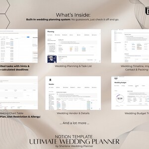 May include: A digital wedding planner template for Notion, showcasing various planning tools. Includes sections for tasks, timelines, vendor details, and budget tracking. Features pre-filled tasks and auto-calculated deadlines. The template is designed to streamline wedding planning.
