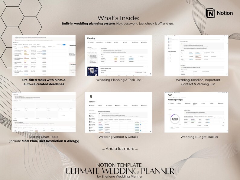 May include: A digital wedding planner template for Notion, showcasing various planning tools. Includes sections for tasks, timelines, vendor details, and budget tracking. Features pre-filled tasks and auto-calculated deadlines. The template is designed to streamline wedding planning.