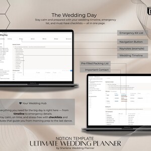 May include: Two laptops display a wedding planning template. The top text reads "The Wedding Day" and "Ultimate Wedding Planner." Features include an emergency kit list, navigation button, and wedding timeline. The template is designed to help users stay calm and organized.