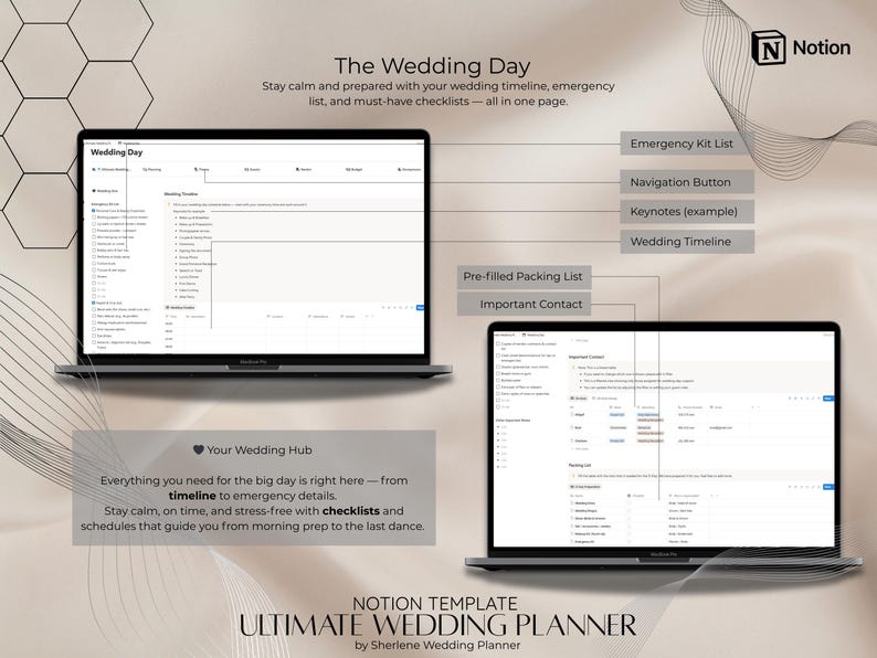 May include: Two laptops display a wedding planning template. The top text reads "The Wedding Day" and "Ultimate Wedding Planner." Features include an emergency kit list, navigation button, and wedding timeline. The template is designed to help users stay calm and organized.