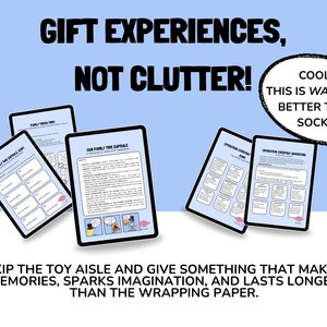 May include: An advertisement with the text "GIFT EXPERIENCES, NOT CLUTTER!" and "COOL! THIS IS WAAAAAY BETTER THAN SOCKS!". The image shows several tablets with text and graphics. The bottom of the image reads "SKIP THE TOY AISLE AND GIVE SOMETHING THAT MAKES MEMORIES, SPARKS IMAGINATION, AND LASTS LONGER THAN THE WRAPPING PAPER."