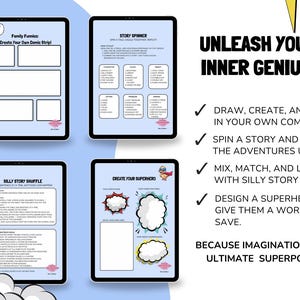 May include: Four digital tablets displaying creative activities. The tablets show comic strip templates, a story spinner, a silly story shuffle game, and a superhero design activity. Text reads "Unleash Your Inner Genius!" and "Because Imagination Is The Ultimate Superpower!"
