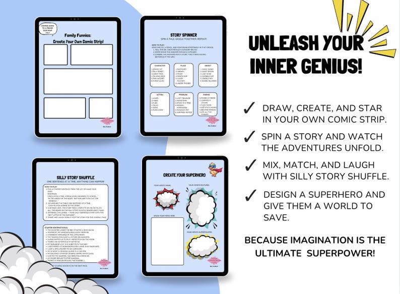 May include: Four digital tablets displaying creative activities. The tablets show comic strip templates, a story spinner, a silly story shuffle game, and a superhero design activity. Text reads "Unleash Your Inner Genius!" and "Because Imagination Is The Ultimate Superpower!"