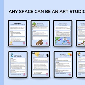 May include: A light blue background with the words "CREATE! CREATE! CREATE!" and "ANY SPACE CAN BE AN ART STUDIO." Eight tablets display art project ideas, including "Kindness Rocks" and "Fairy Houses."