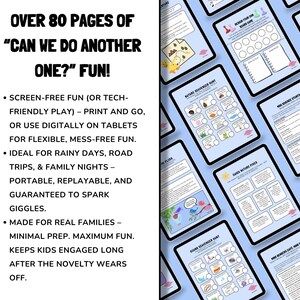 May include: Digital activity pages for kids, featuring over 80 pages of fun. The image shows various activity sheets on tablets, with text that reads "Can We Do Another One?" and details about screen-free play.