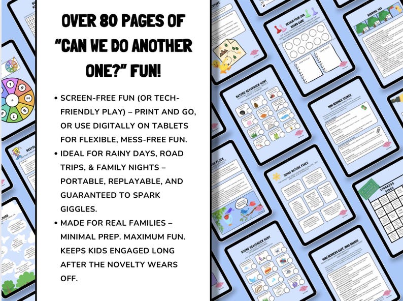 May include: Digital activity pages for kids, featuring over 80 pages of fun. The image shows various activity sheets on tablets, with text that reads "Can We Do Another One?" and details about screen-free play.