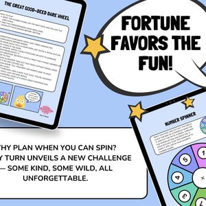 May include: A digital game with the text "Fortune Favors the Fun!" in a speech bubble. The game includes a "Great Good-Deed Dare Wheel" and a "Number Spinner" with colorful segments. The background is light blue.