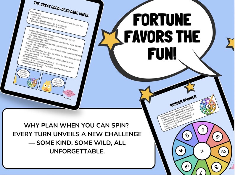 May include: A digital game with the text "Fortune Favors the Fun!" in a speech bubble. The game includes a "Great Good-Deed Dare Wheel" and a "Number Spinner" with colorful segments. The background is light blue.