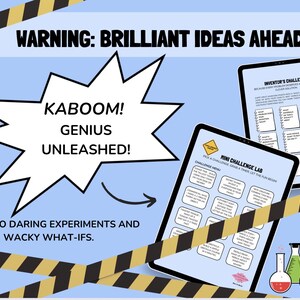 May include: A light blue graphic with the text "WARNING: BRILLIANT IDEAS AHEAD." Two tablets display challenge menus and the text "KABOOM! GENIUS UNLEASHED!" is in a starburst. The image includes beakers and caution tape.