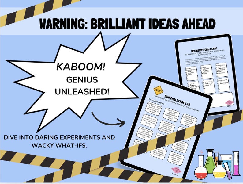 May include: A light blue graphic with the text "WARNING: BRILLIANT IDEAS AHEAD." Two tablets display challenge menus and the text "KABOOM! GENIUS UNLEASHED!" is in a starburst. The image includes beakers and caution tape.