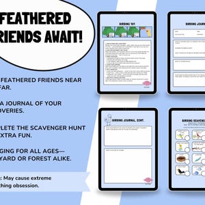 May include: A digital birdwatching activity set with the text "Feathered Friends Await!" and instructions to spot birds, keep a journal, and complete a scavenger hunt. Includes a "Birding 101" guide and journal pages.
