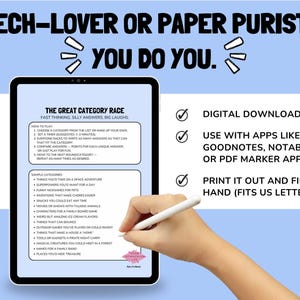 May include: A digital download game, "The Great Category Race," displayed on a tablet. The game's rules and sample categories are visible. The text "Tech-Lover or Paper Purist? You Do You" is at the top. The image includes a hand holding a stylus.