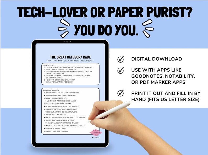 May include: A digital download game, "The Great Category Race," displayed on a tablet. The game's rules and sample categories are visible. The text "Tech-Lover or Paper Purist? You Do You" is at the top. The image includes a hand holding a stylus.