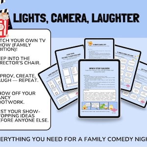 May include: A promotional image for a family comedy night, featuring a film clapboard, popcorn, and tablets with text. The text includes "Lights, Camera, Laughter," and instructions like "Pitch Your Own TV Show" and "Improv, Create, Laugh - Repeat."