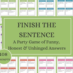 Op de afbeelding: Een partygame getiteld Finish the Sentence: A Party Game of Funny, Honest & Unhinged Answers. Het spel bevat 108 prompts op rechthoekige kaarten met verschillende kleurgecodeerde categorieën zoals Real Life, Throwback en Totally Random.