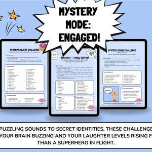 May include: Three digital tablets display interactive mystery challenges with the text "Mystery Mode: Engaged!". The challenges include object and sound identification games. The bottom of the image reads: "From puzzling sounds to secret identities..."
