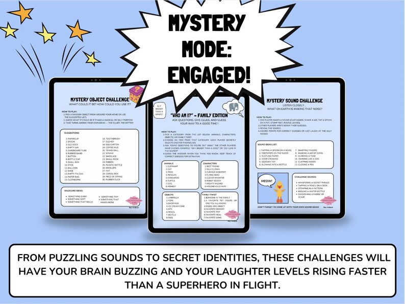 May include: Three digital tablets display interactive mystery challenges with the text "Mystery Mode: Engaged!". The challenges include object and sound identification games. The bottom of the image reads: "From puzzling sounds to secret identities..."