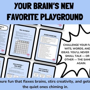 May include: A light blue graphic with the text "YOUR BRAIN'S NEW FAVORITE PLAYGROUND" and several tablets displaying game prompts. The image includes text like "SMALL TALK SHAKE UP QUESTIONS" and "WOULD YOU RATHER...? FAMILY EDITION."