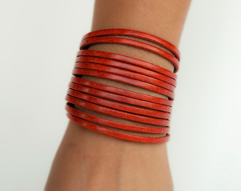 Orange Multi-strand Women/'s Leather Cuff Bracelet Stocking Stuffer