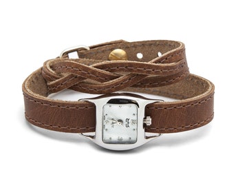 Tan braided TWIST WATCH – Tan brown double wrap leather watch interchangeable bracelet