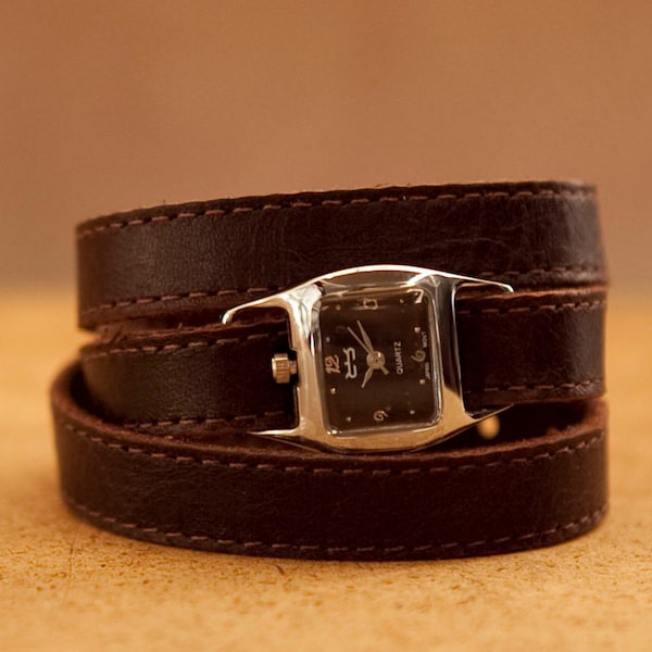 Brown leather wrap watch, interchangeable bracelet  - the Twist