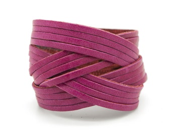 Bright Pink Leather Cuff, Fuchsia Cuff Bracelet, Hot Pink Cuff, Valentine's Gift - the Jazz