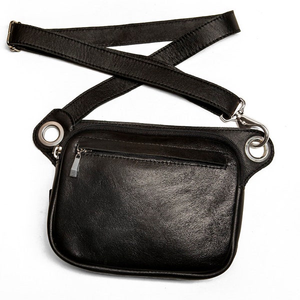 Black leather hip bag | Convertible festival bag, belt bag, fanny pack - the Felix