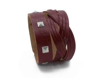 Bracelet manchette en cuir bordeaux, bracelet manchette rouge foncé - l’Atena