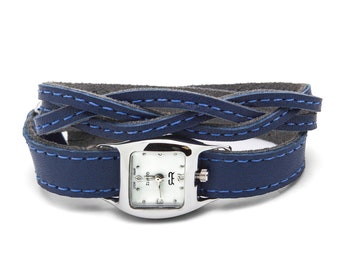 Blue braided TWIST WATCH – Royal blue double wrap leather watch interchangeable bracelet